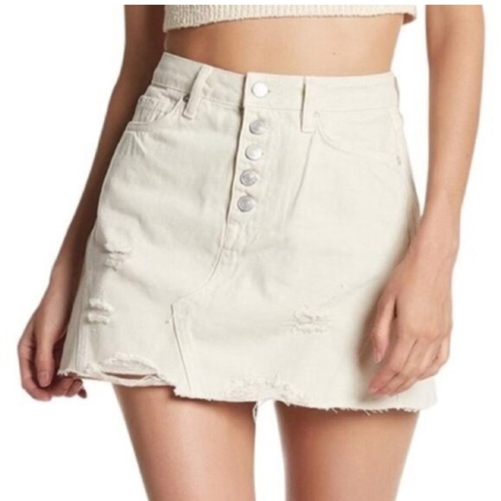 Free People Worn White Denim Distressed Mini Skirt Size 26
